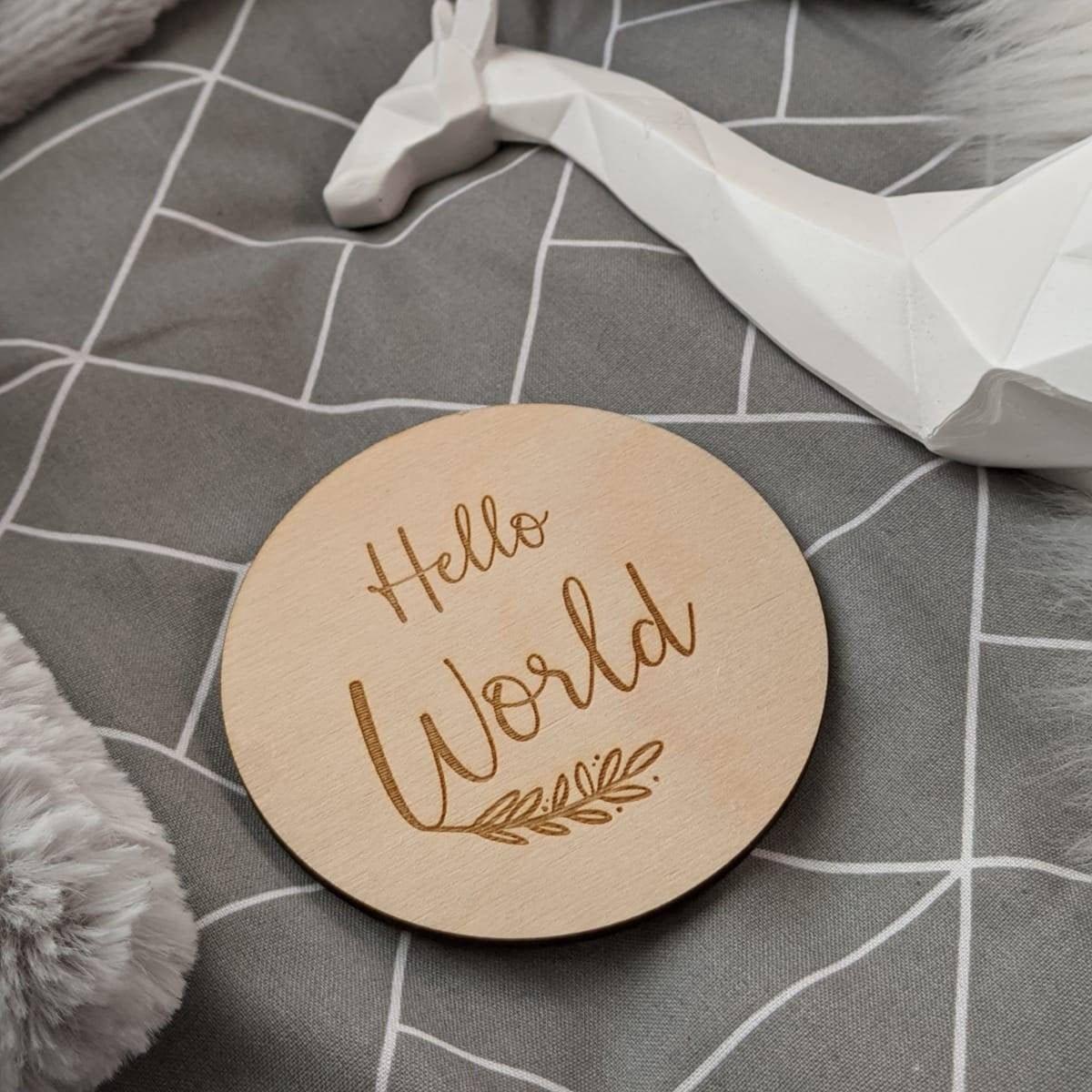 Hello World Baby Announcement - Engraved Wooden Pregnancy Announcement Plaque - Baby Milestone Card