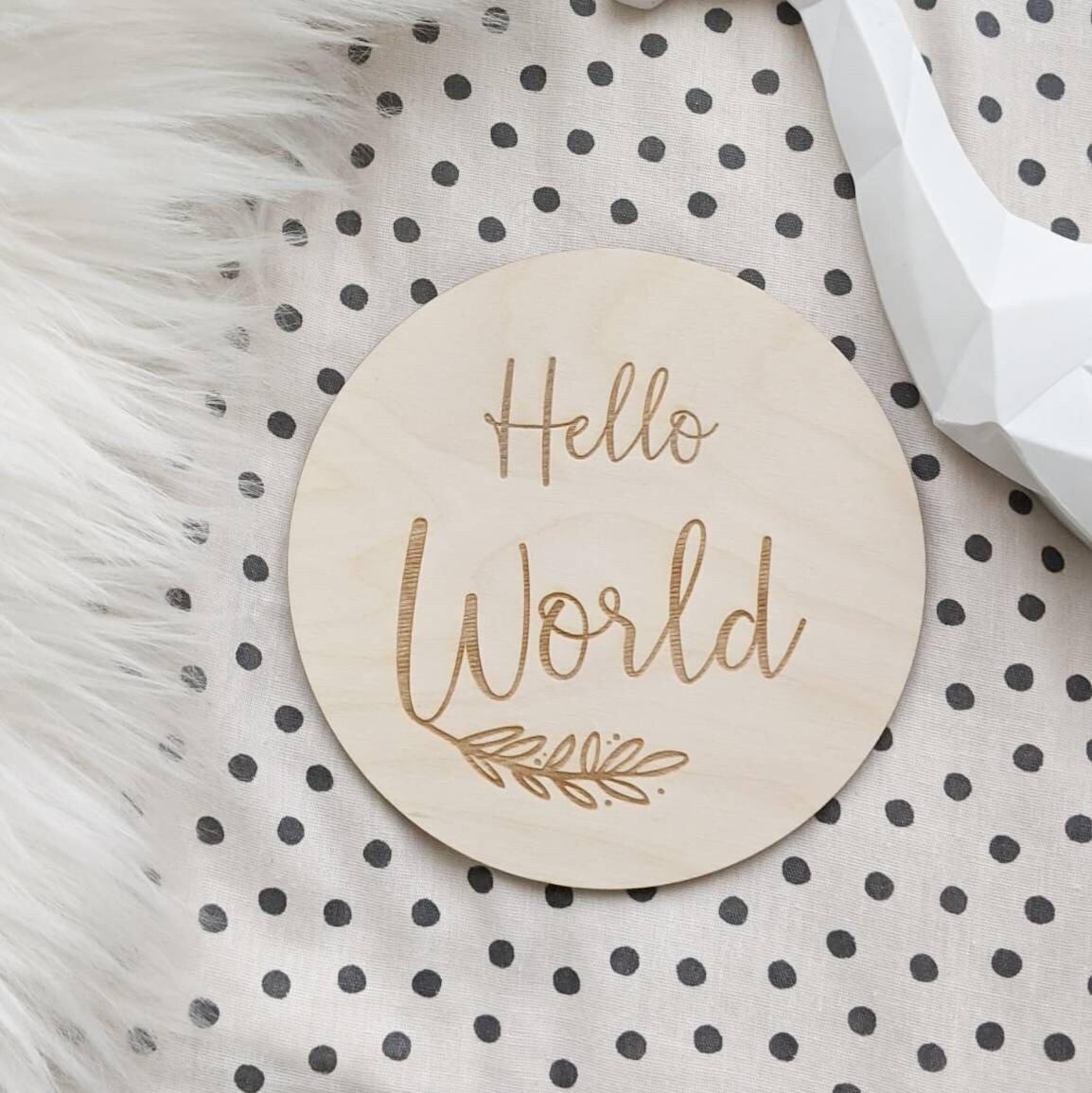 Hello World Baby Announcement - Engraved Wooden Pregnancy Announcement Plaque - Baby Milestone Card