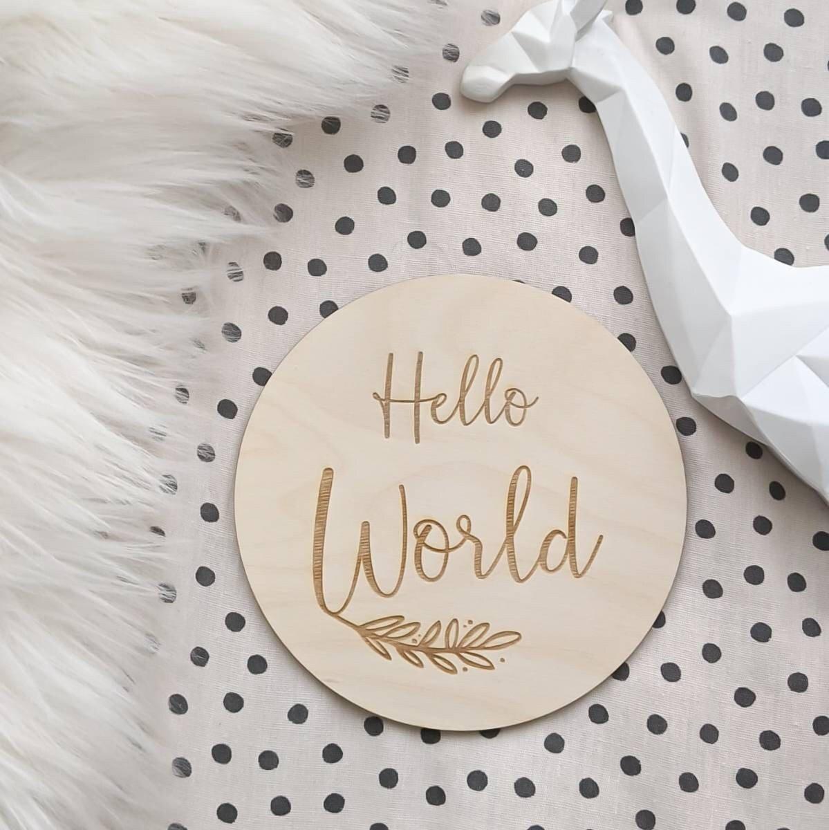 Hello World Baby Announcement - Engraved Wooden Pregnancy Announcement Plaque - Baby Milestone Card