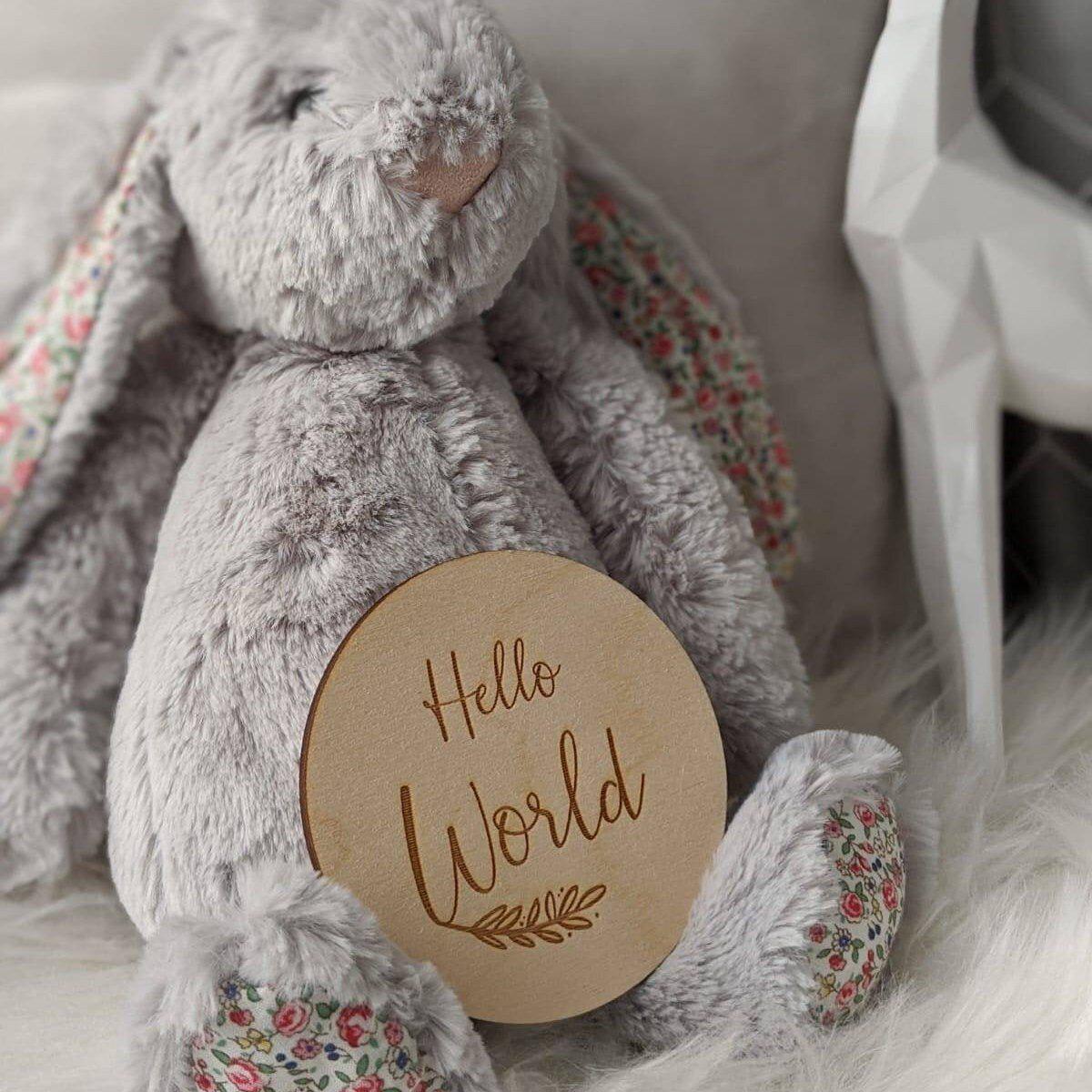 Hello World Baby Announcement - Engraved Wooden Pregnancy Announcement Plaque - Baby Milestone Card
