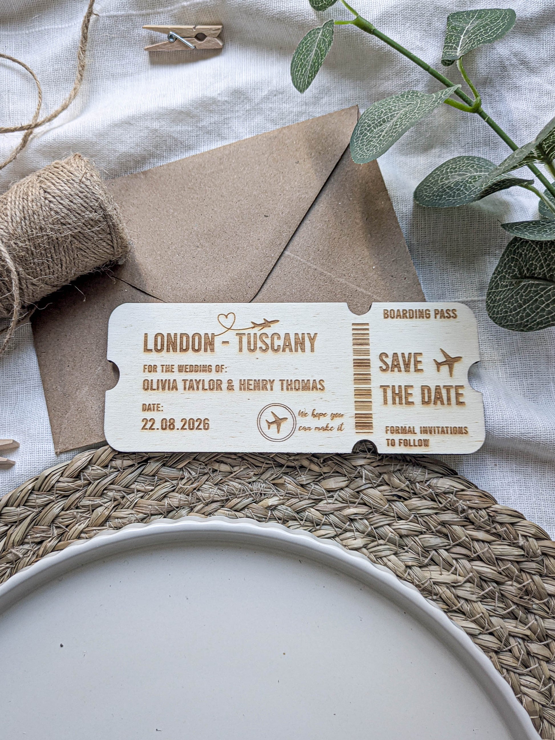 Abroad wedding boarding pass save the date engraved on natural wood