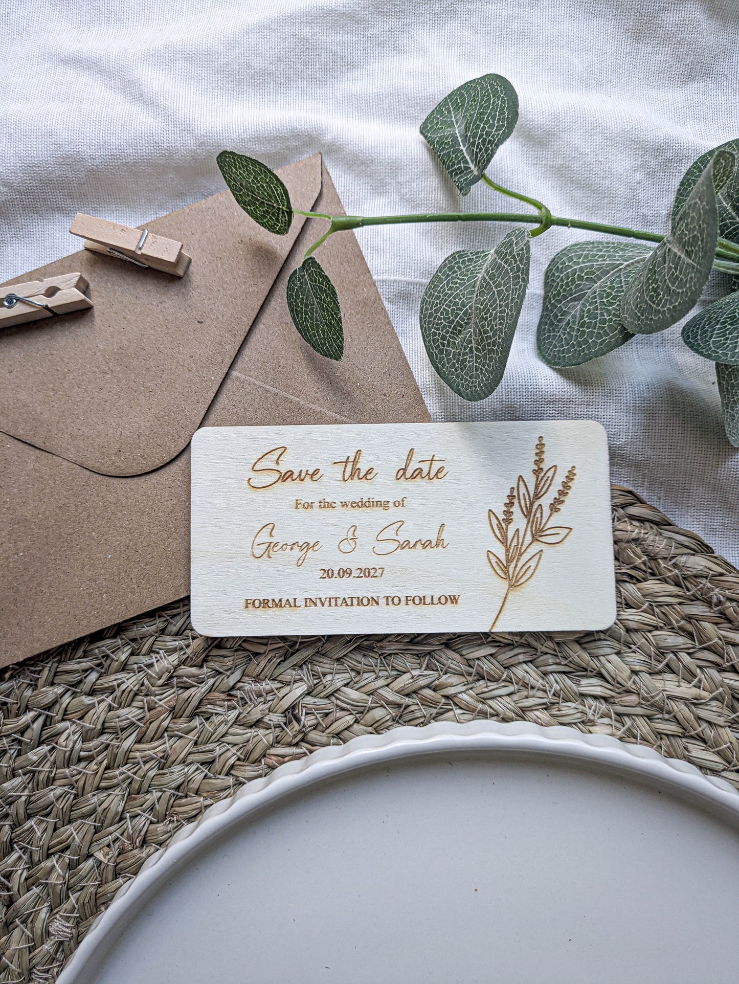 Boho wooden save the date wedding announcement with rounded corners