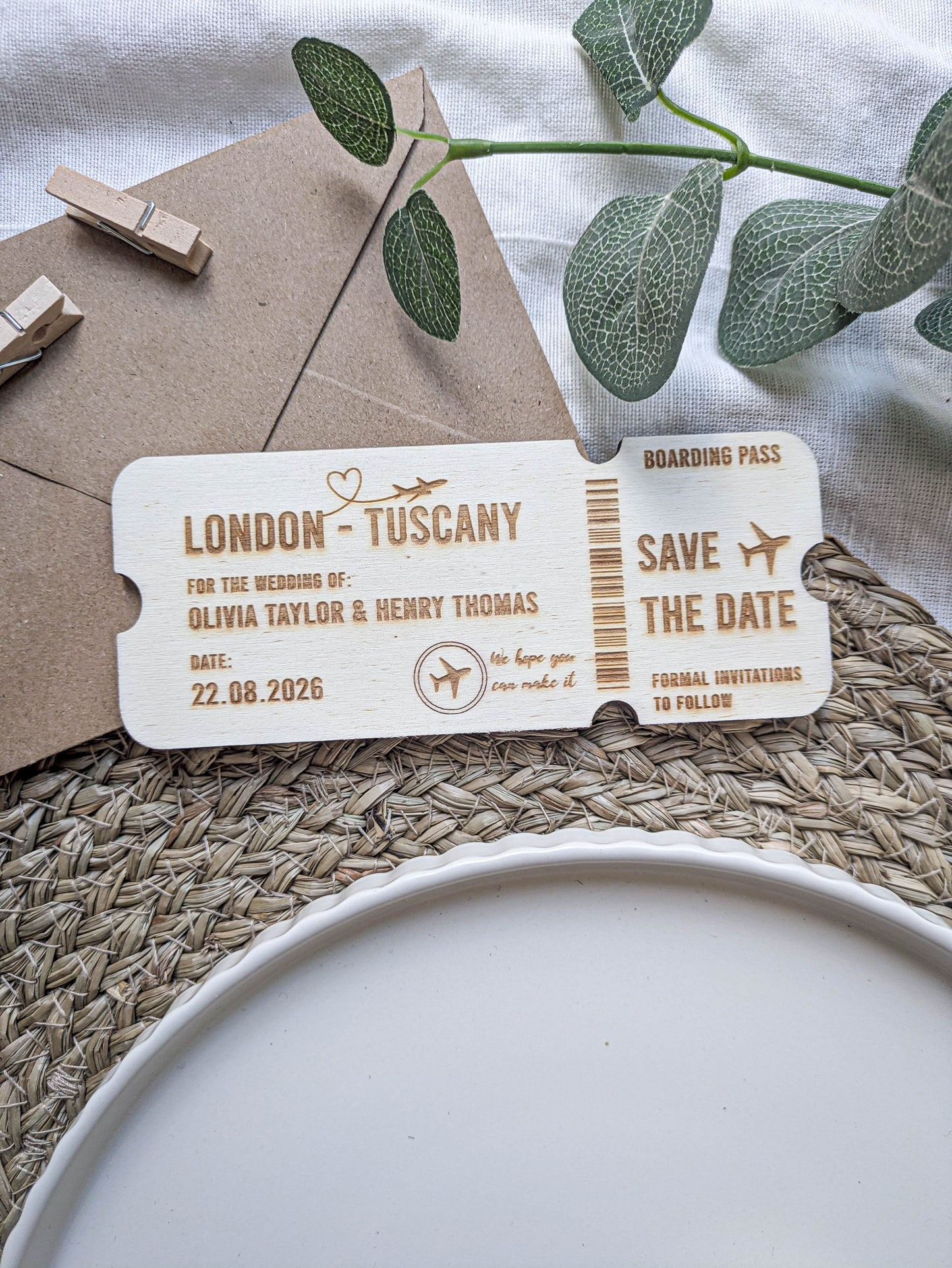 Destination wedding wooden ticket save the date with airline boarding pass layout
