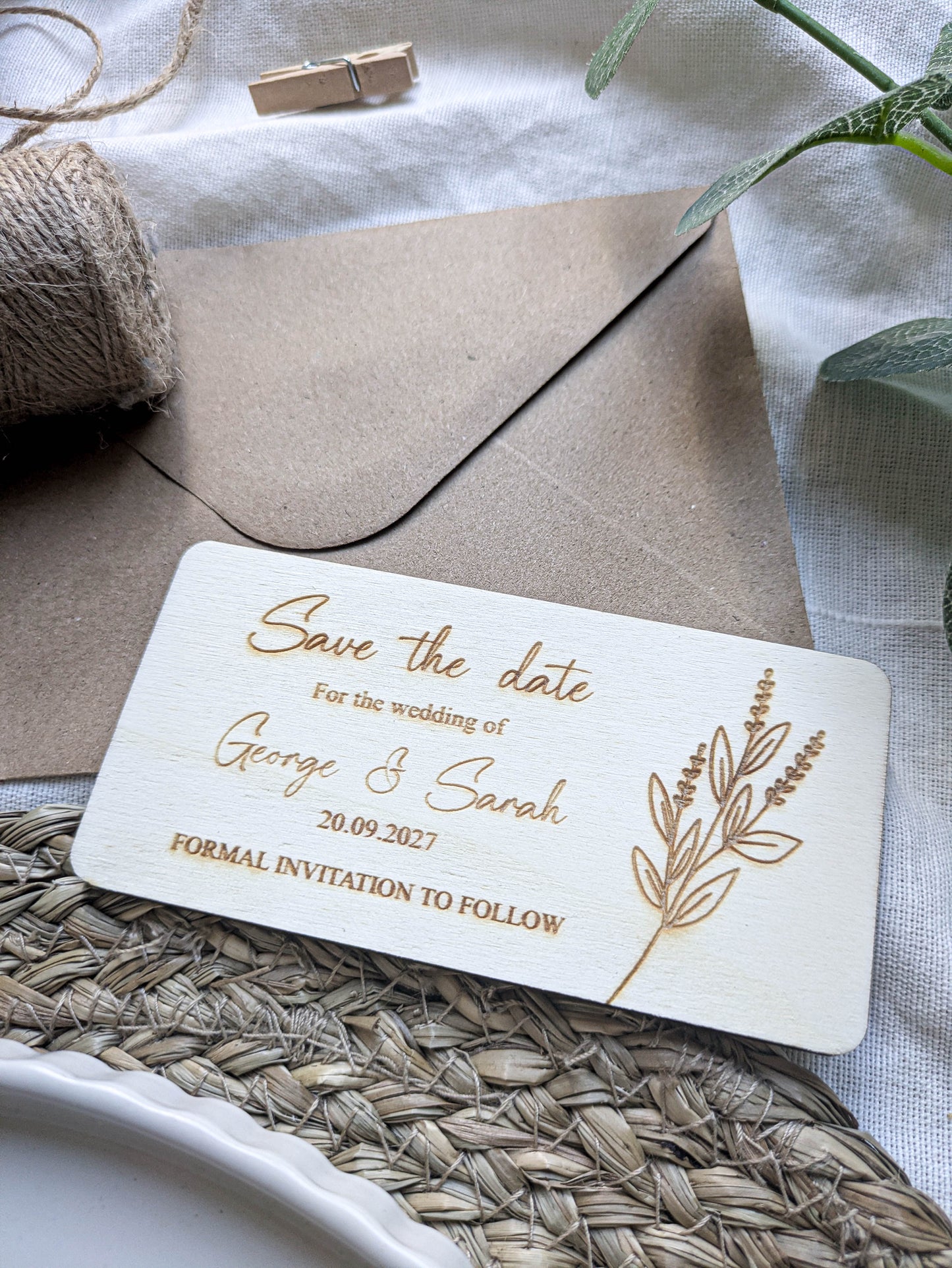 Natural wood save the date card keepsake for rustic wedding guests