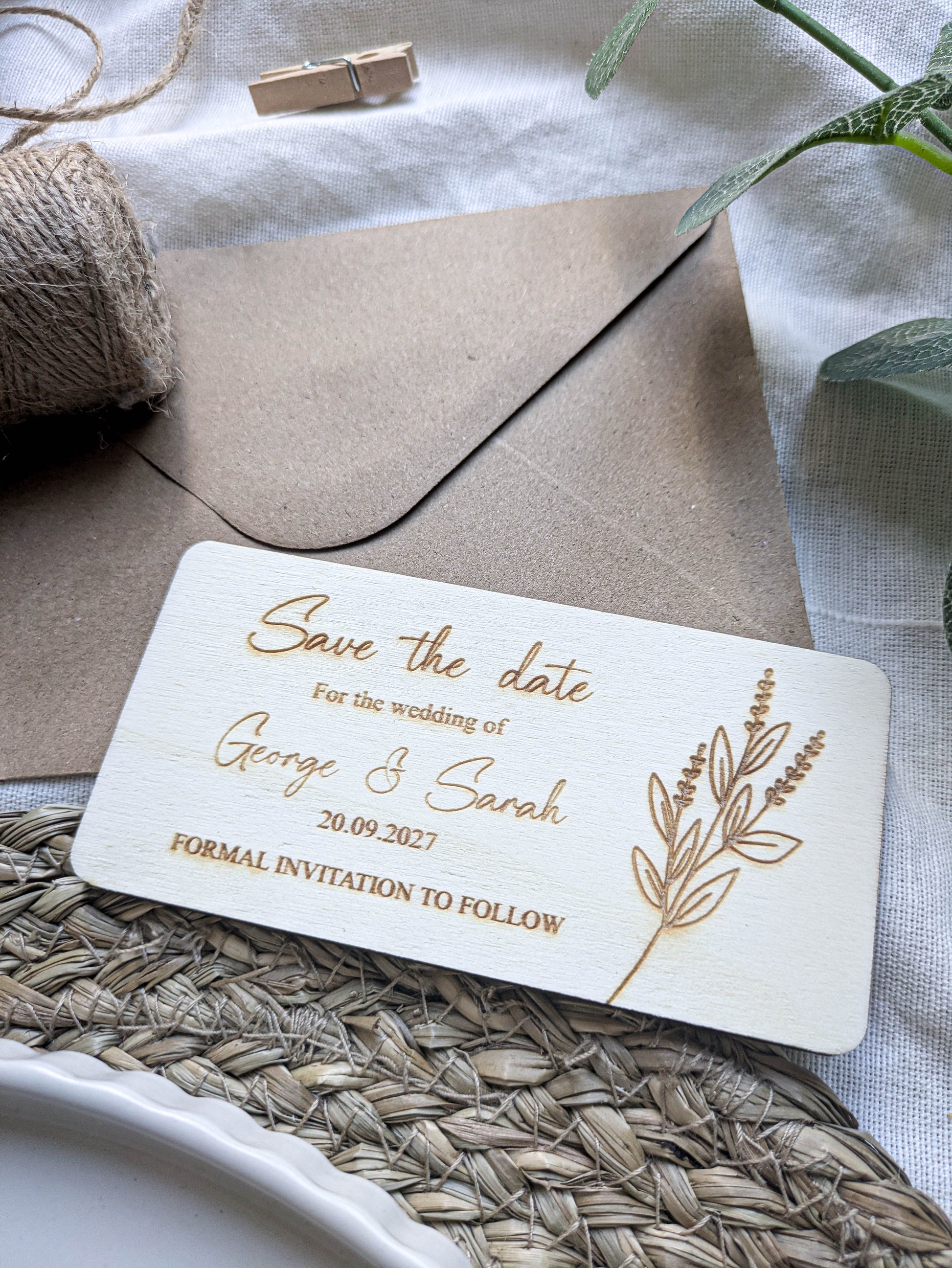 Natural wood save the date card keepsake for rustic wedding guests