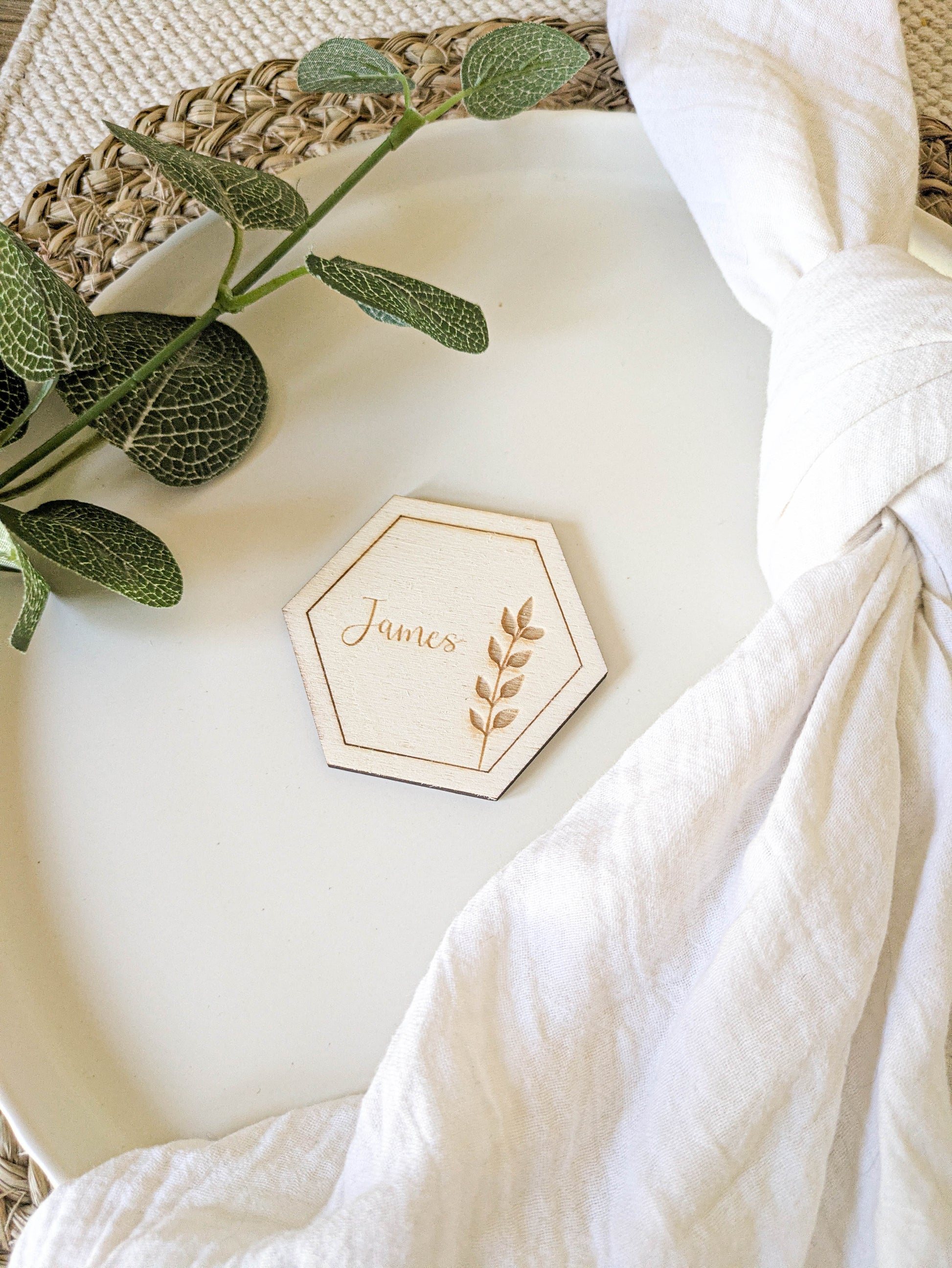 Personalised hexagon wooden wedding favour engraved with James