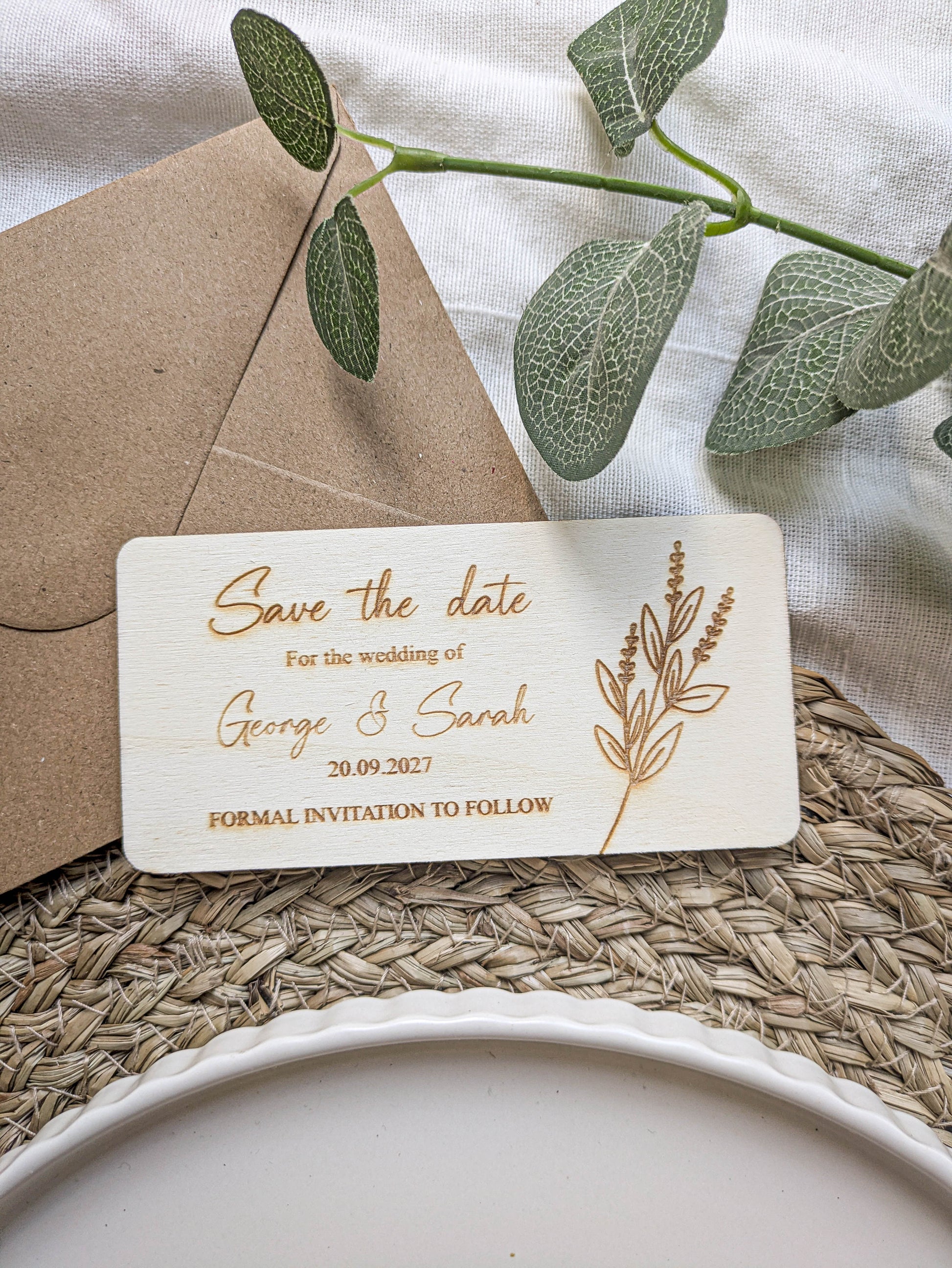 Personalised wooden save the date card with George and Sarah wedding date
