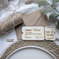 Rustic styling for wooden boarding pass save the date with natural wedding decor