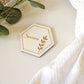 Rustic wooden hexagon wedding place card with personalised guest name