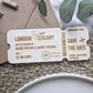 Travel theme wedding save the date engraved onto a wooden ticket design