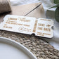 Wooden destination wedding save the date keepsake with personalised names and date