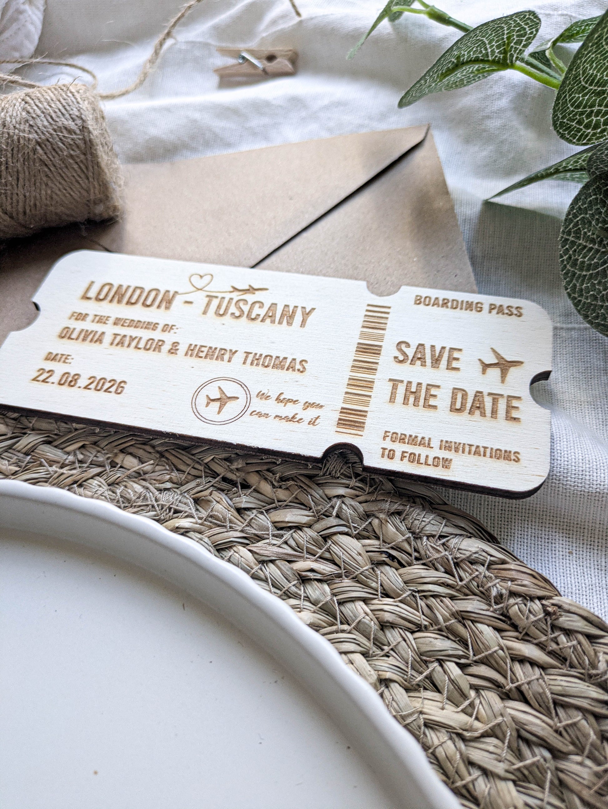 Wooden destination wedding save the date keepsake with personalised names and date