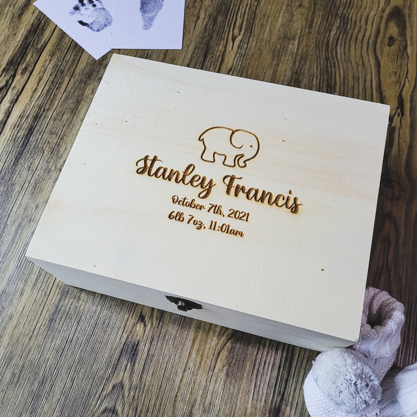 Baby Elephant Keepsake Box | Personalised Box with Birth Details | Custom Wooden Box