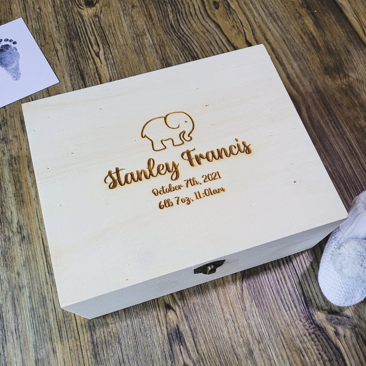 Baby Elephant Keepsake Box | Personalised Box with Birth Details | Custom Wooden Box