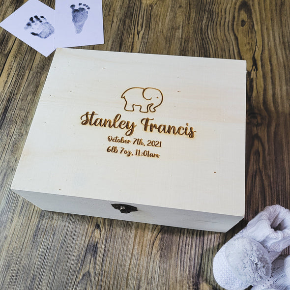 Baby Elephant Keepsake Box | Personalised Box with Birth Details | Custom Wooden Box