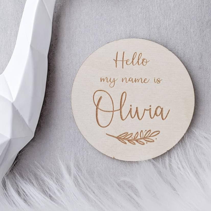 Baby announcement Disc - Hello my name is | Personalised Baby Name Sign | New Baby Announcement | Baby Flat Lay Prop | Children's Photo Prop