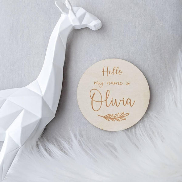 Baby announcement Disc - Hello my name is | Personalised Baby Name Sign | New Baby Announcement | Baby Flat Lay Prop | Children's Photo Prop