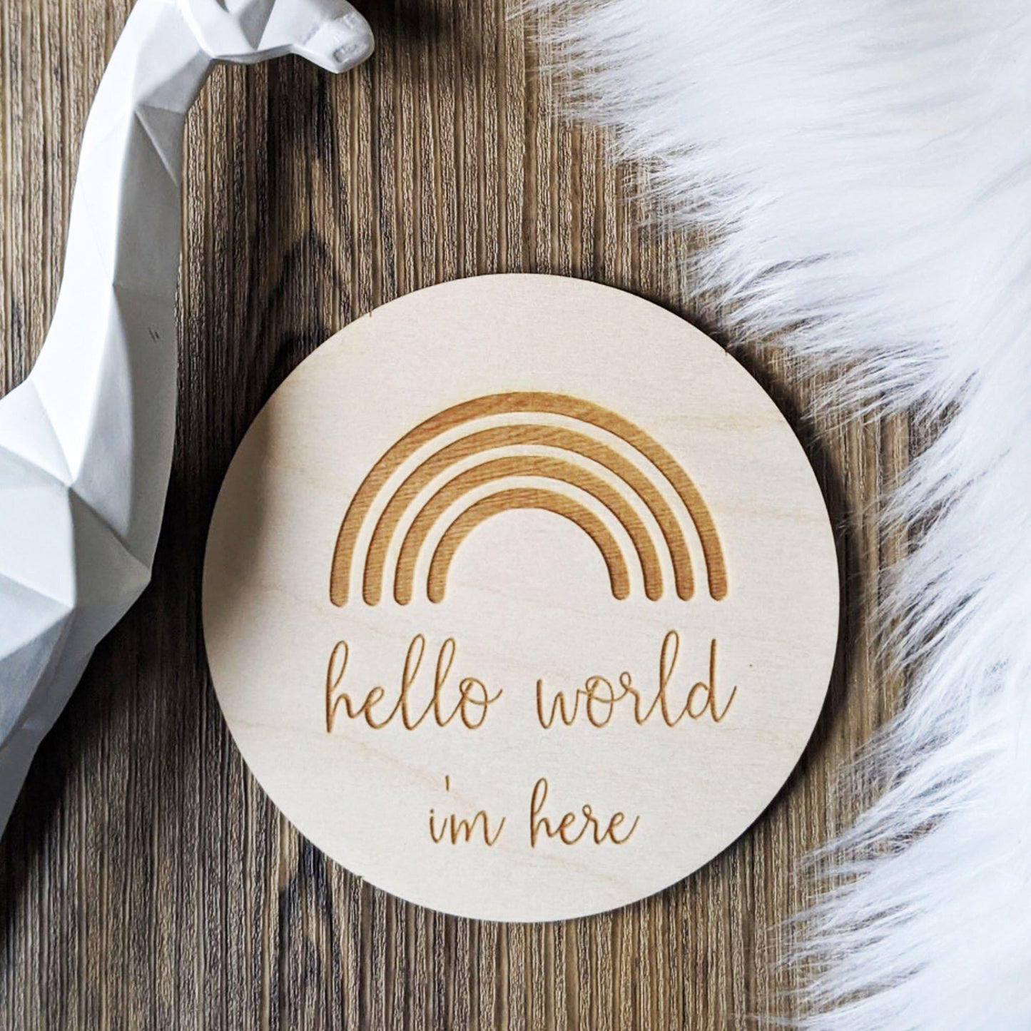 Baby announcement Rainbow Disc - Hello World I'm Here - Baby Announcement Disc