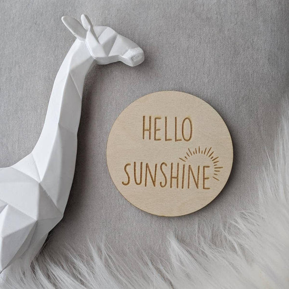 Children's Photo Prop Disc - Hello Sunshine | Engraved Wooden Baby Plaque - Baby Milestone Card, Parent To Be