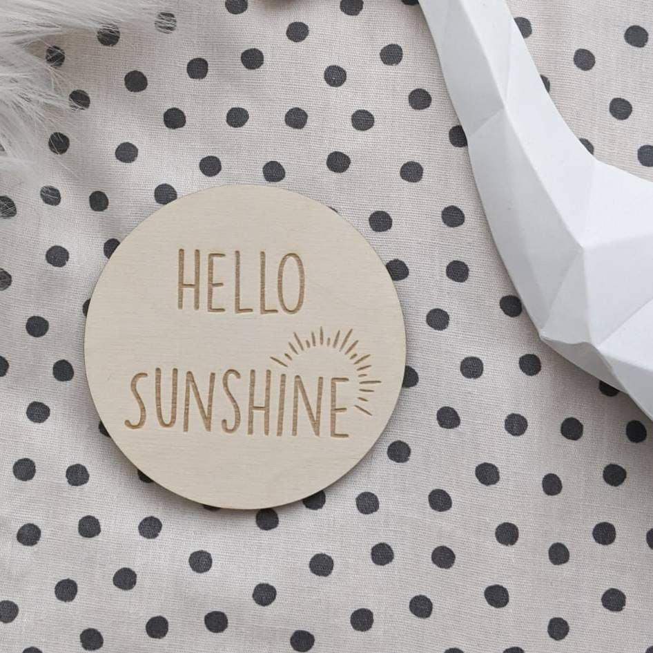 Children's Photo Prop Disc - Hello Sunshine | Engraved Wooden Baby Plaque - Baby Milestone Card, Parent To Be