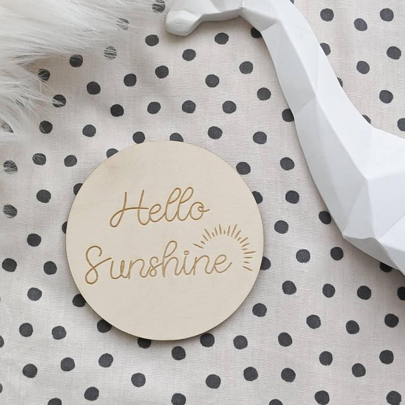 Children's Photo Prop Disc - Hello Sunshine | Engraved Wooden Baby Plaque - Baby Milestone Card, Parent To Be