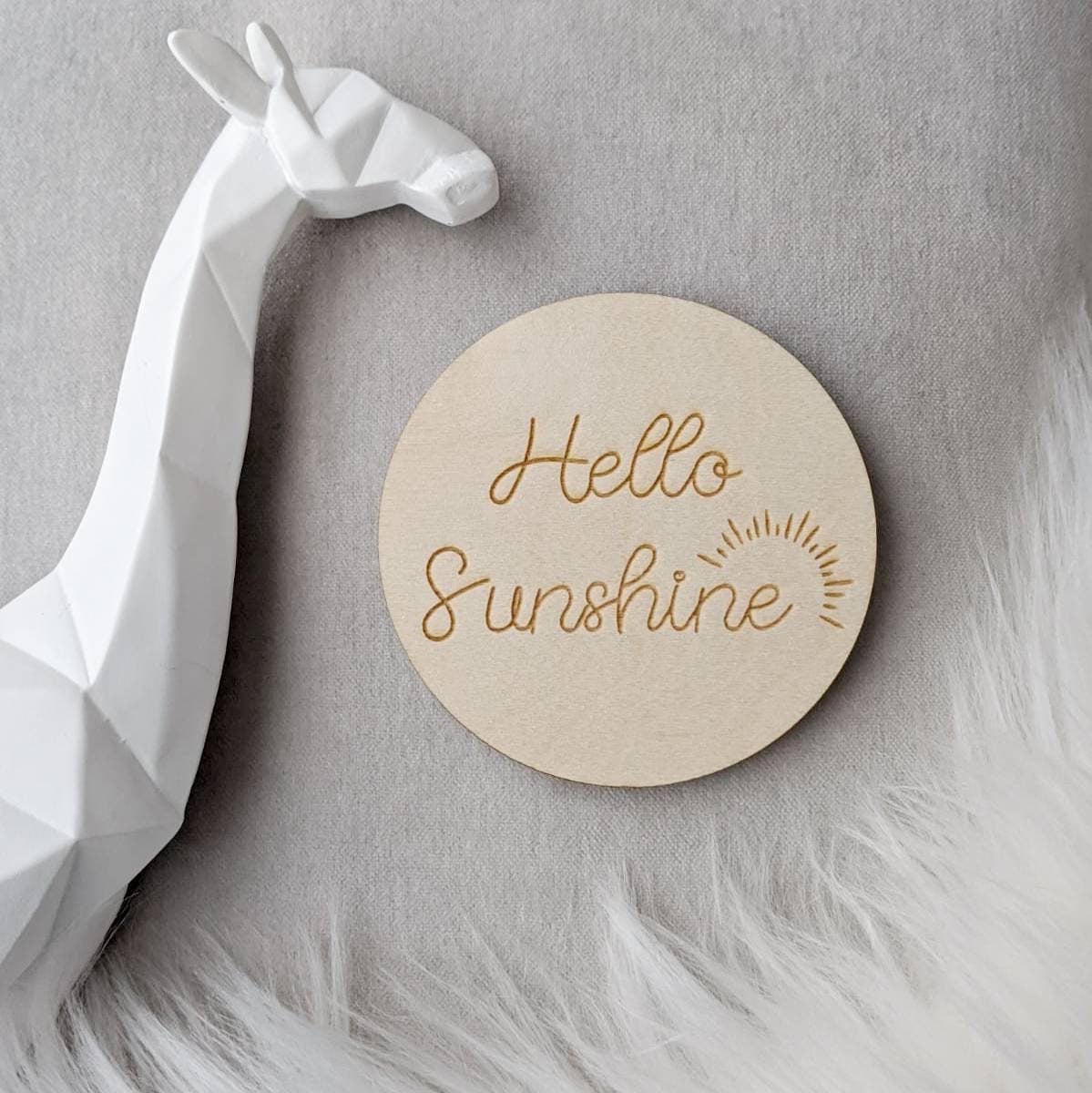 Children's Photo Prop Disc - Hello Sunshine | Engraved Wooden Baby Plaque - Baby Milestone Card, Parent To Be