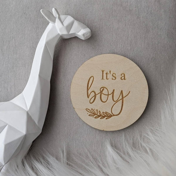 It's a Boy Baby Announcement - Wooden Gender Reveal Milestone disc