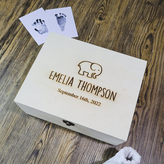 Personalised Elephant Keepsake Box | Custom Box with Birth Details | Unique Wooden Box