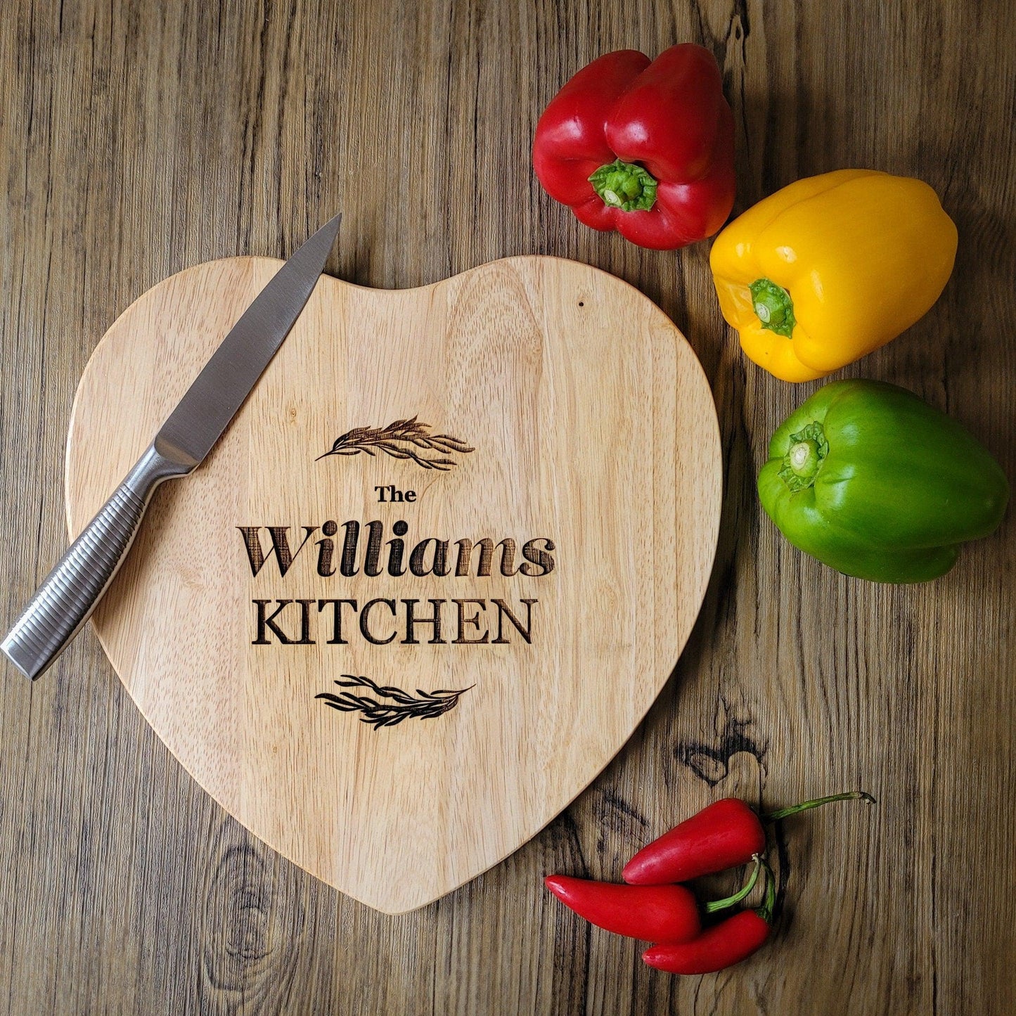 Personalised Engraved Heart Shaped Chopping Board - Personalised Wooden Cheese Board - Family Kitchen Gift