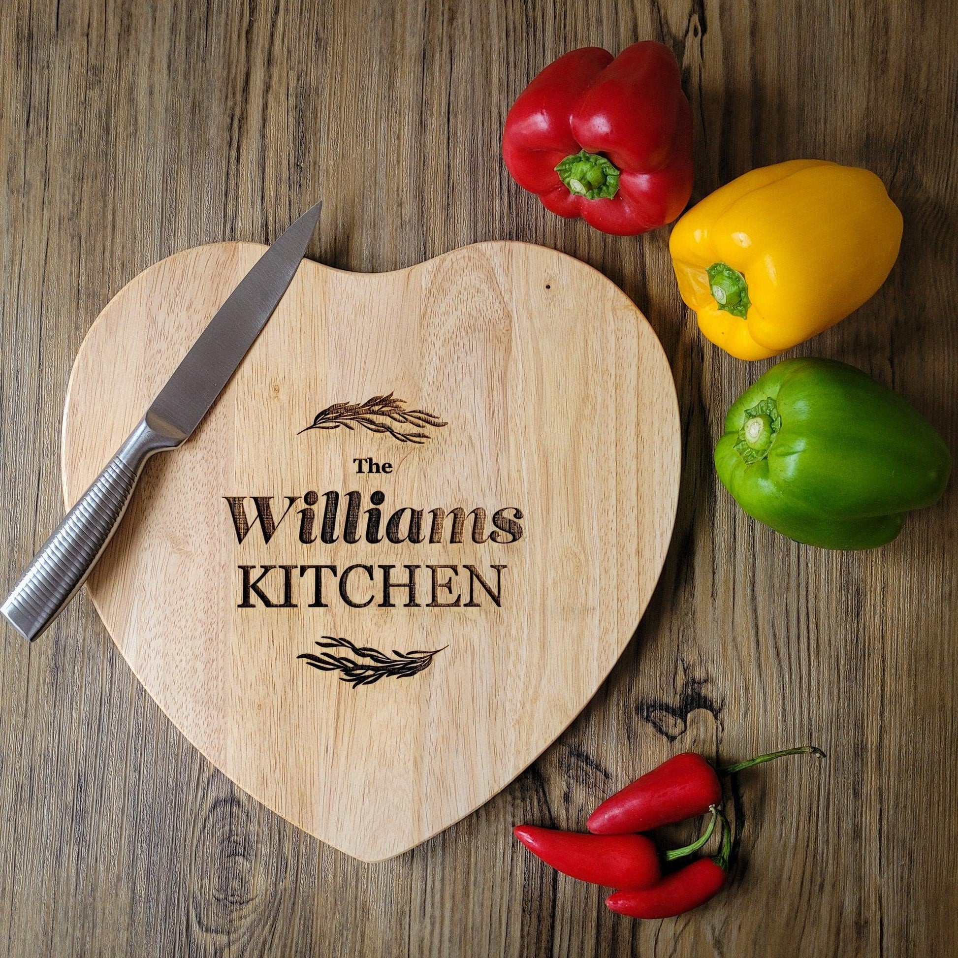 Personalised Engraved Heart Shaped Chopping Board - Personalised Wooden Cheese Board - Family Kitchen Gift