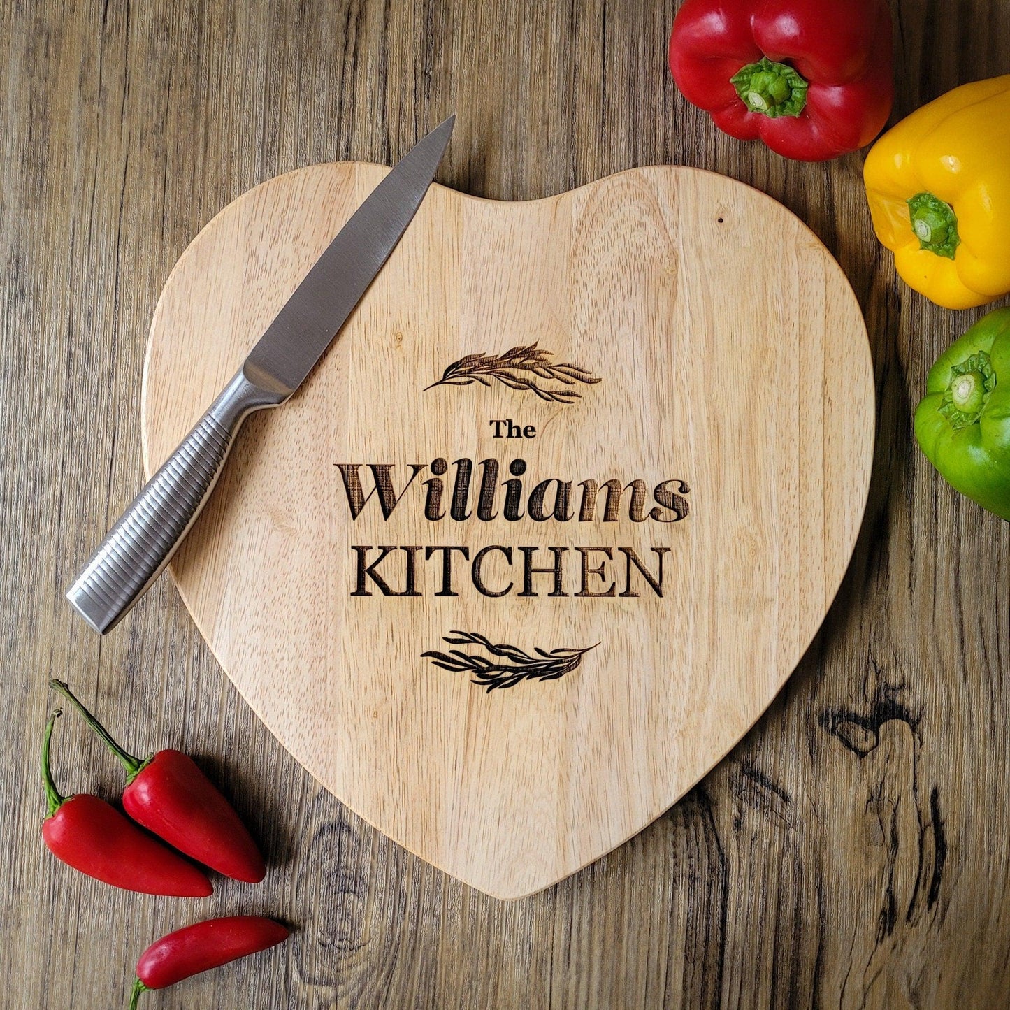 Personalised Engraved Heart Shaped Chopping Board - Personalised Wooden Cheese Board - Family Kitchen Gift