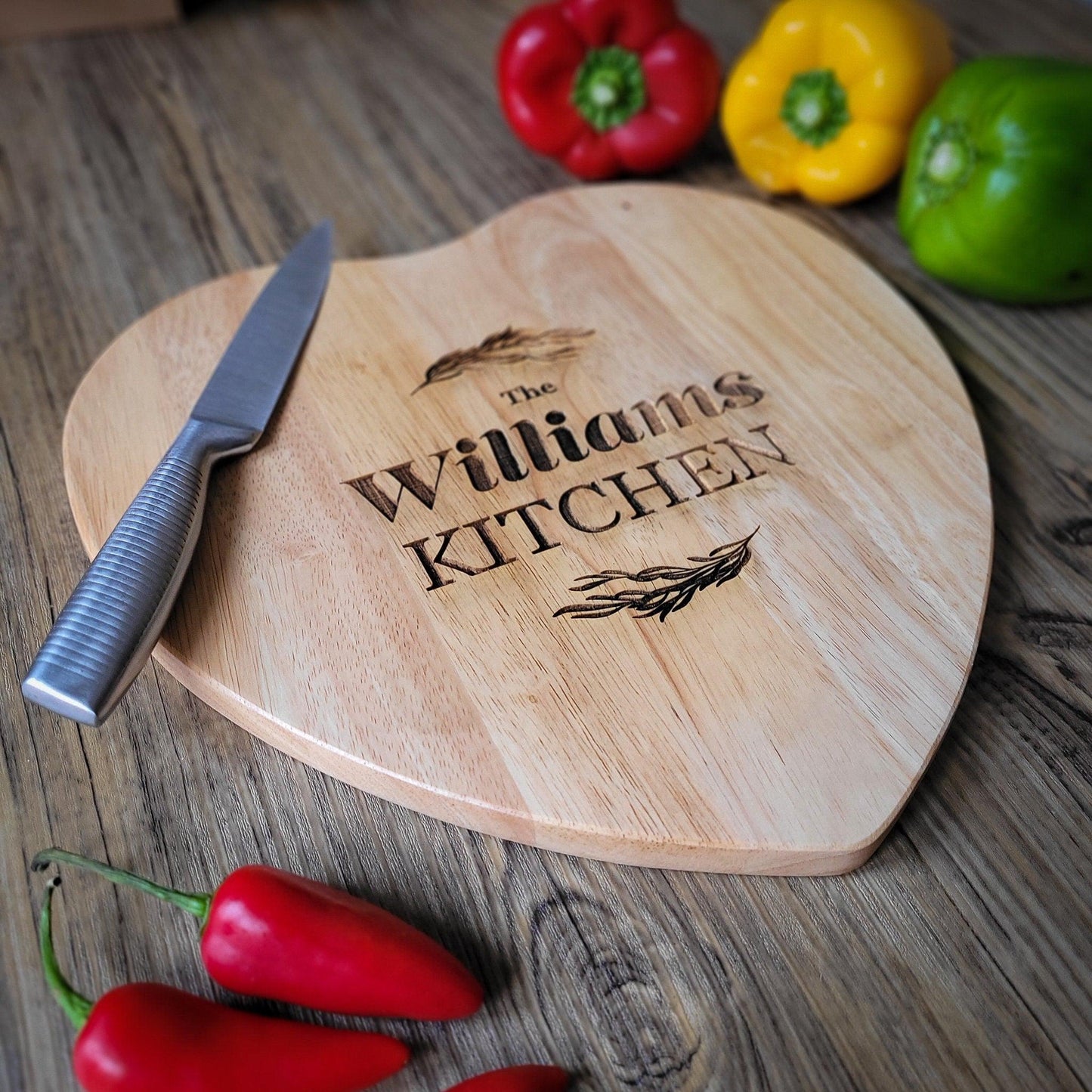 Personalised Engraved Heart Shaped Chopping Board - Personalised Wooden Cheese Board - Family Kitchen Gift