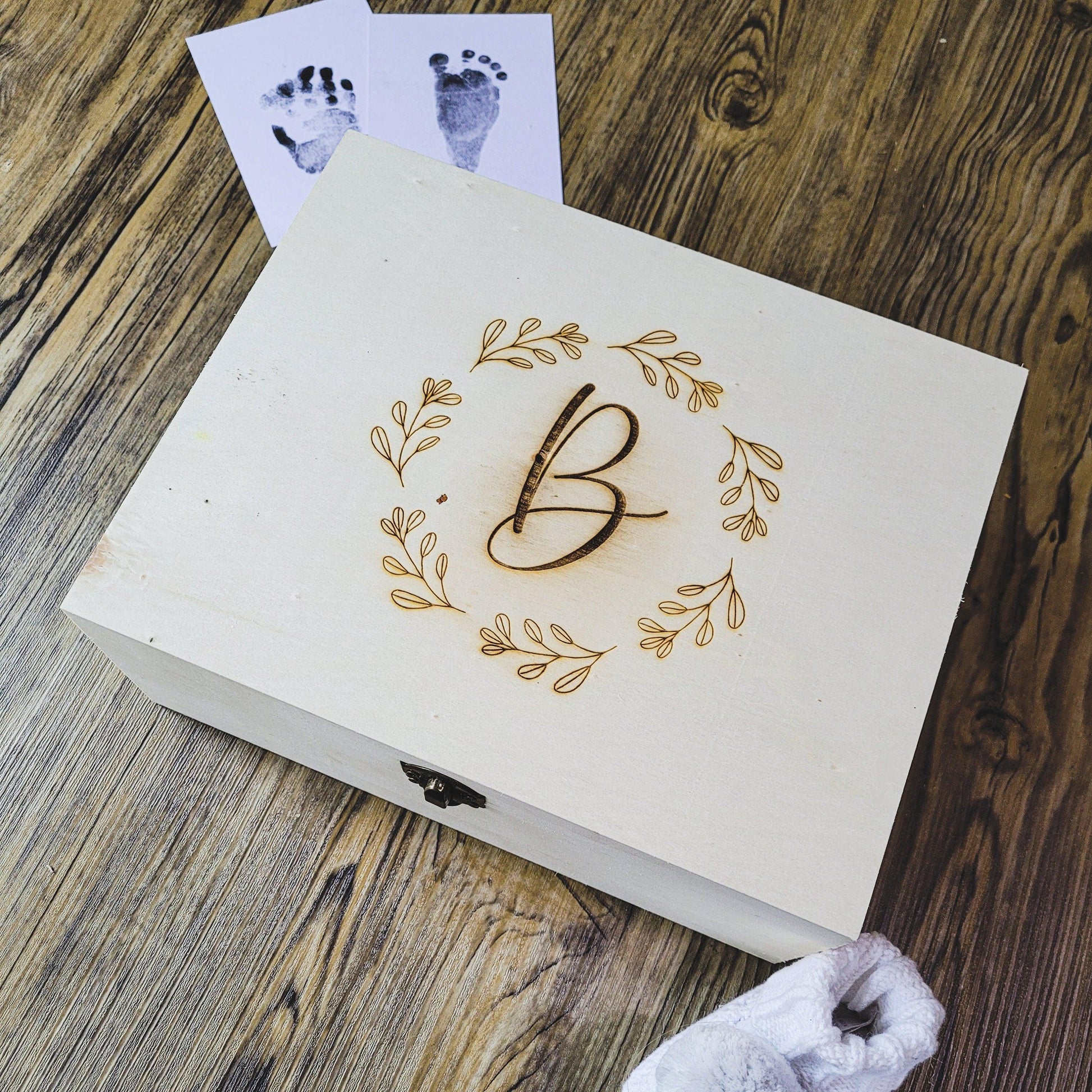 Personalised Initial Keepsake Box | Wreath Memory Box | Custom Wooden Box