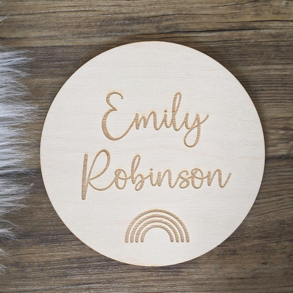 Personalised Rainbow Wooden Disc Engraving | Engrave Your Name on Wood | Custom Made Gift | Baby Flat Lay | Personalised Laser Engraved Gift