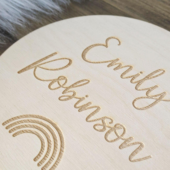 Personalised Rainbow Wooden Disc Engraving | Engrave Your Name on Wood | Custom Made Gift | Baby Flat Lay | Personalised Laser Engraved Gift