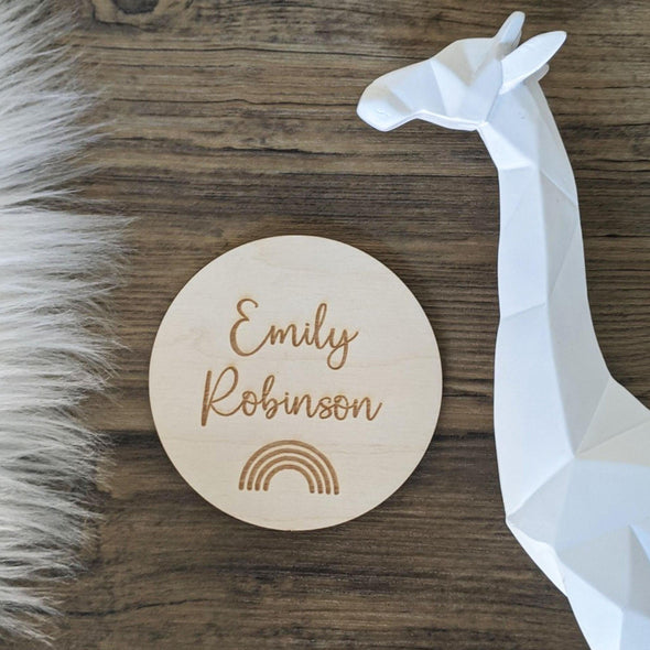 Personalised Rainbow Wooden Disc Engraving | Engrave Your Name on Wood | Custom Made Gift | Baby Flat Lay | Personalised Laser Engraved Gift