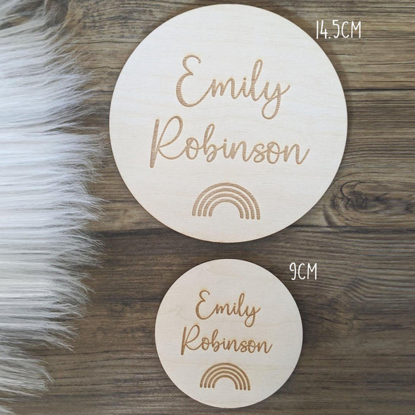 Personalised Rainbow Wooden Disc Engraving | Engrave Your Name on Wood | Custom Made Gift | Baby Flat Lay | Personalised Laser Engraved Gift