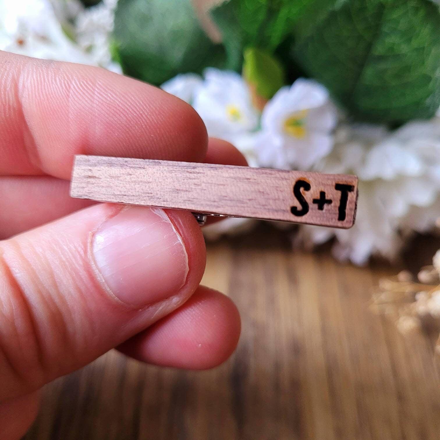 Personalised Wood Tie Clip - Custom Initial Wood Engraving - Black Walnut