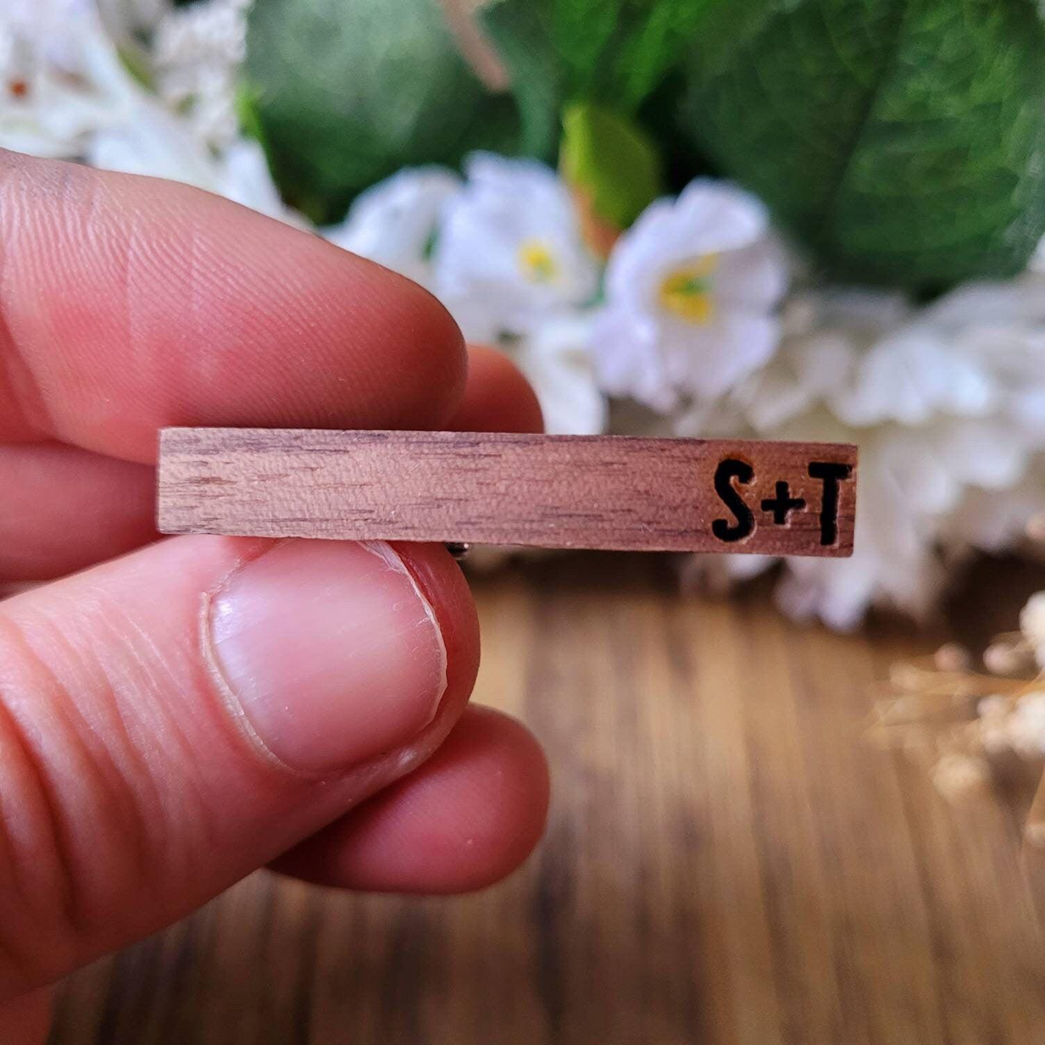 Personalised Wood Tie Clip - Custom Initial Wood Engraving - Black Walnut