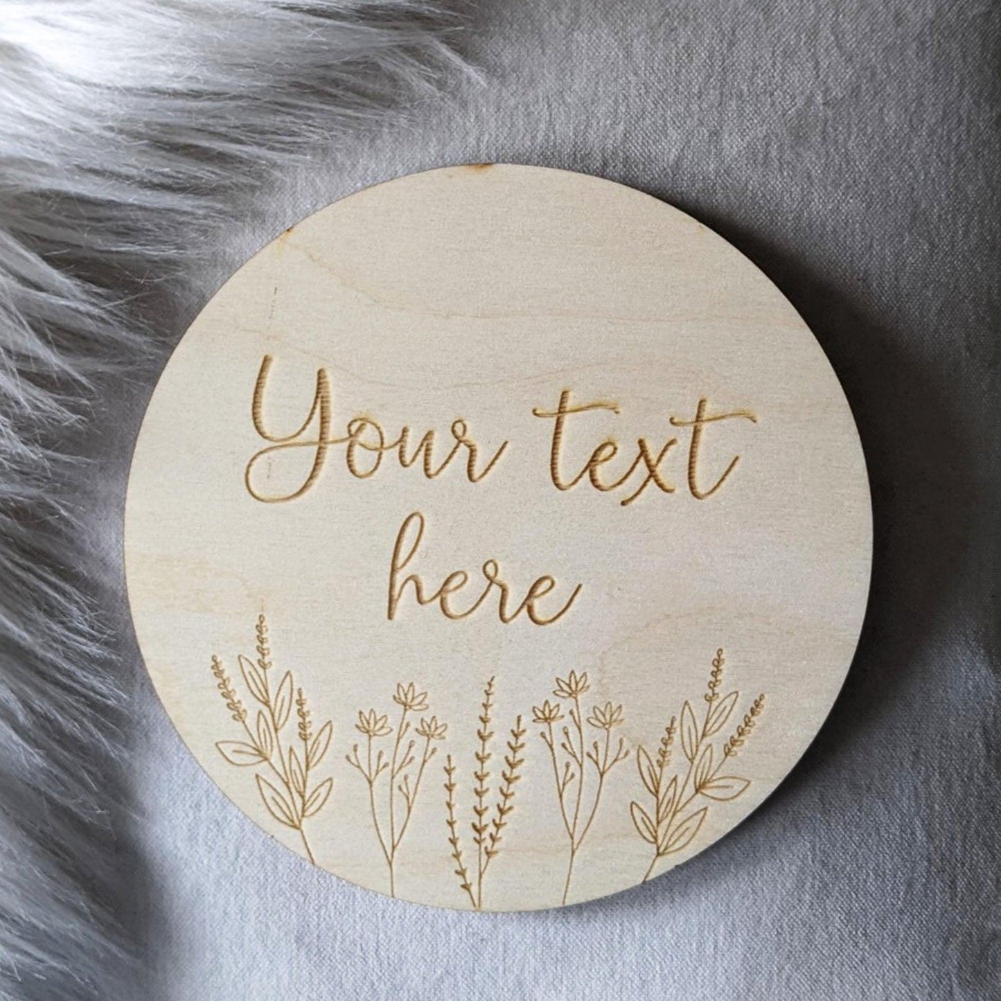 Personalised Wooden Disc Engraving with Wildflowers - Flat Lay Prop - 14.5cm