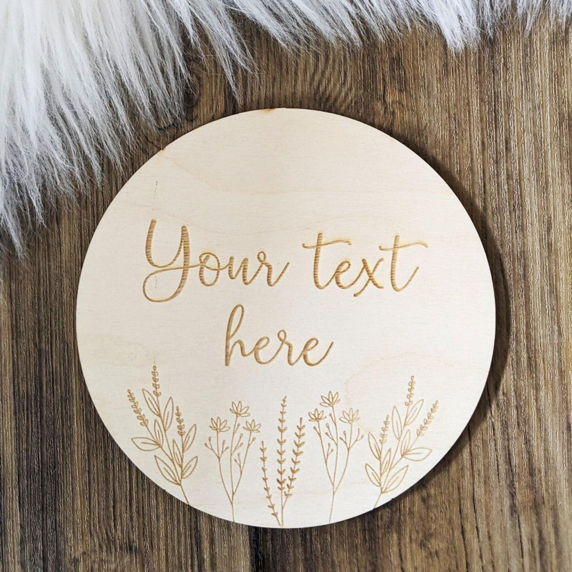 Personalised Wooden Disc Engraving with Wildflowers - Flat Lay Prop - 14.5cm