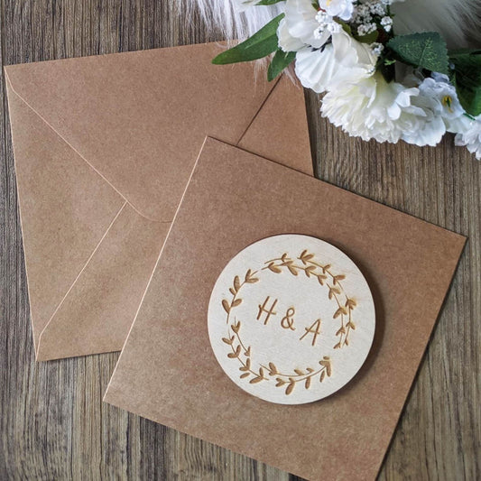 Personalised initials wedding card | Newlywed wreath card | Engraved Wooden Card | Keepsake Card | Wedding Gift | Unique Wedding Card