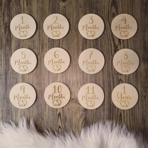 Wooden Baby Milestone Discs | A Perfect Set of Baby Photo Props | Baby Shower Gift | Elephant Motif | Set of 12 Wooden Milestone Discs