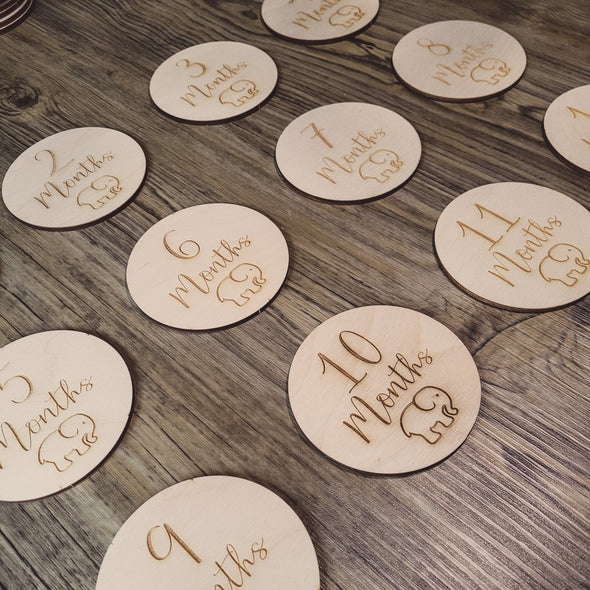 Wooden Baby Milestone Discs | A Perfect Set of Baby Photo Props | Baby Shower Gift | Elephant Motif | Set of 12 Wooden Milestone Discs