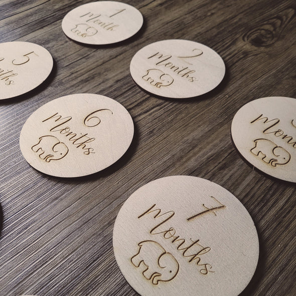 Wooden Baby Milestone Discs | A Perfect Set of Baby Photo Props | Baby Shower Gift | Elephant Motif | Set of 12 Wooden Milestone Discs