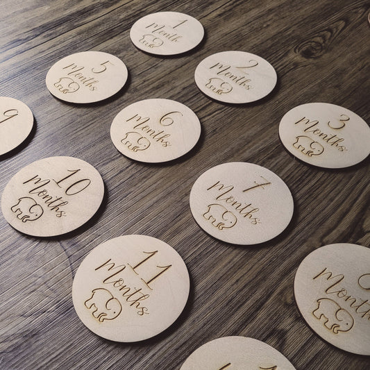 Wooden Baby Milestone Discs | A Perfect Set of Baby Photo Props | Baby Shower Gift | Elephant Motif | Set of 12 Wooden Milestone Discs