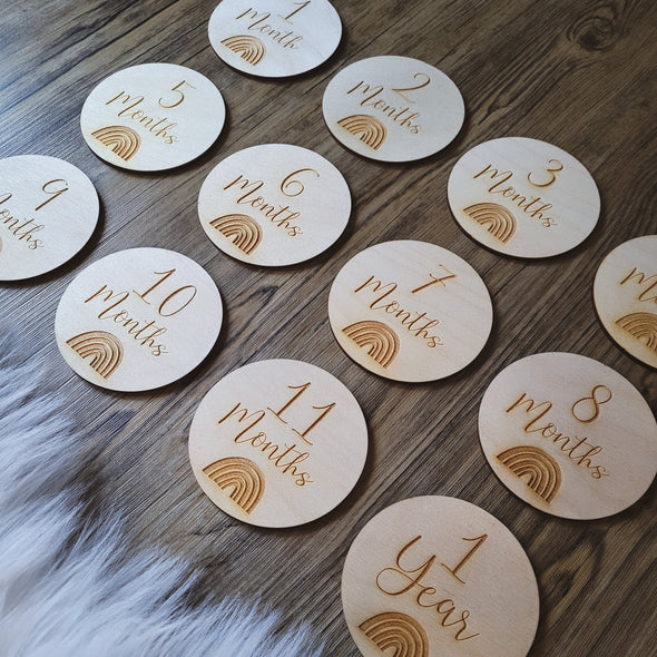 Wooden Baby Milestone Discs | A Perfect Set of Rainbow Baby Photo Props | Baby Shower Gift | Set of 12 Wooden Milestone Discs