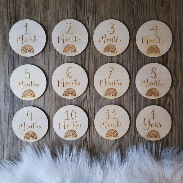 Wooden Baby Milestone Discs | A Perfect Set of Rainbow Baby Photo Props | Baby Shower Gift | Set of 12 Wooden Milestone Discs