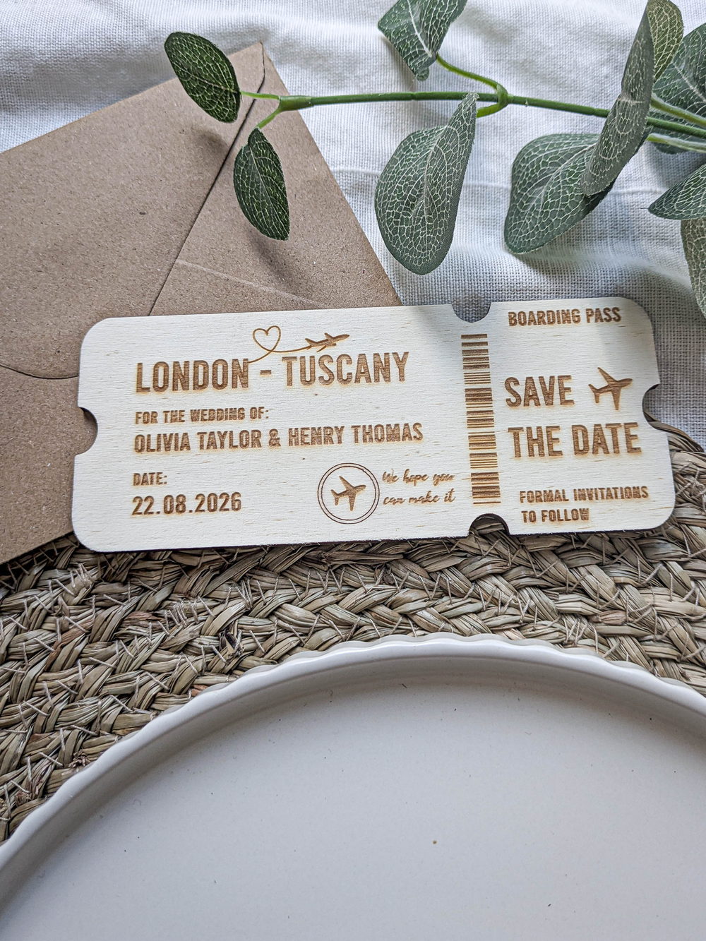 Wooden boarding pass save the date